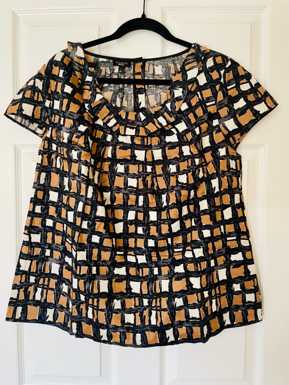 Talbots Geometric Print Ruffle Neck Blouse | Cotton Cap Sleeve Button Back Top